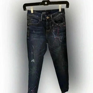 Zara paint splatter dark wash skinny jeans. Girls size 24 perfect condition.